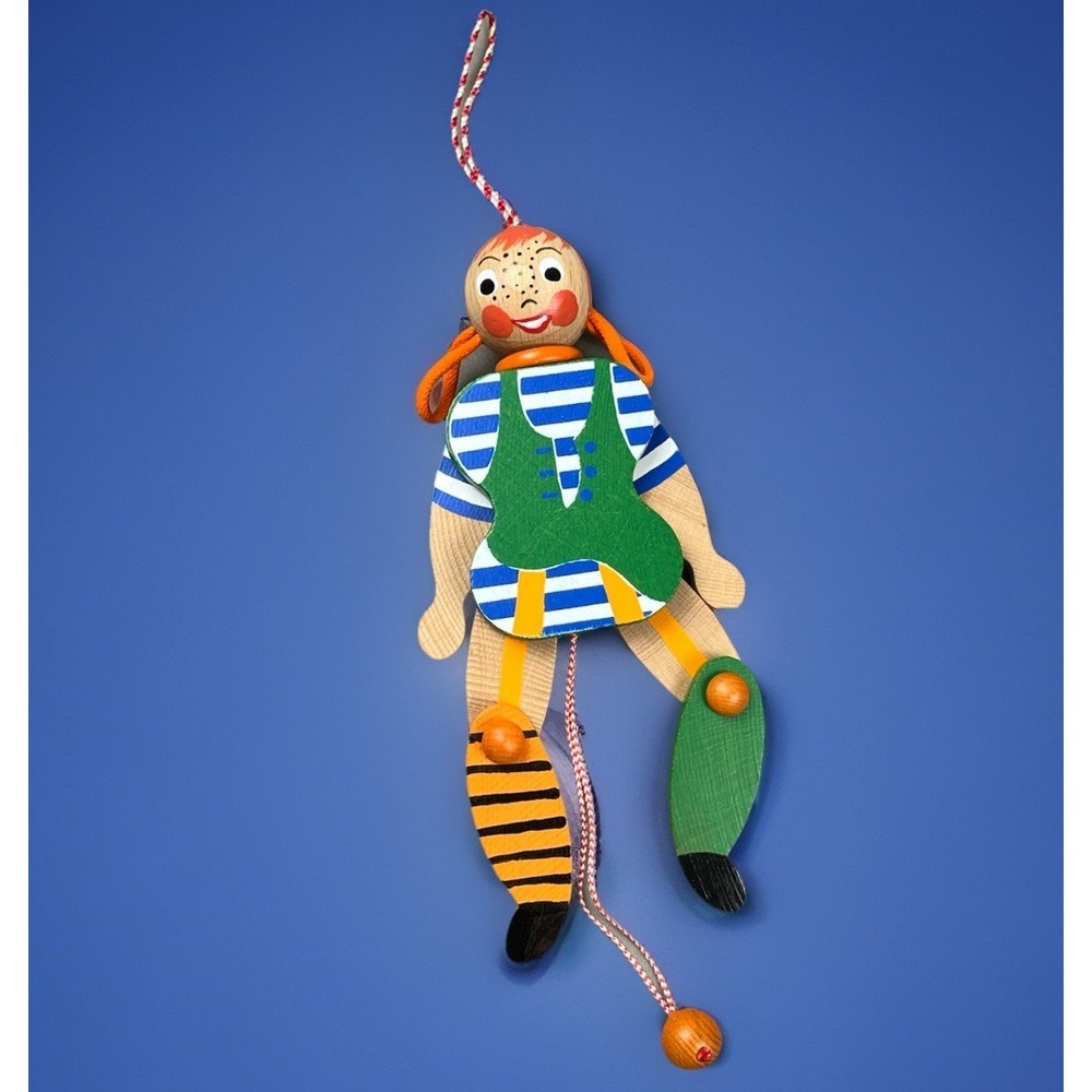 Vtg Original M Gschnitzer Austria Pippi Longstocking Ginger Wood Pull String Toy